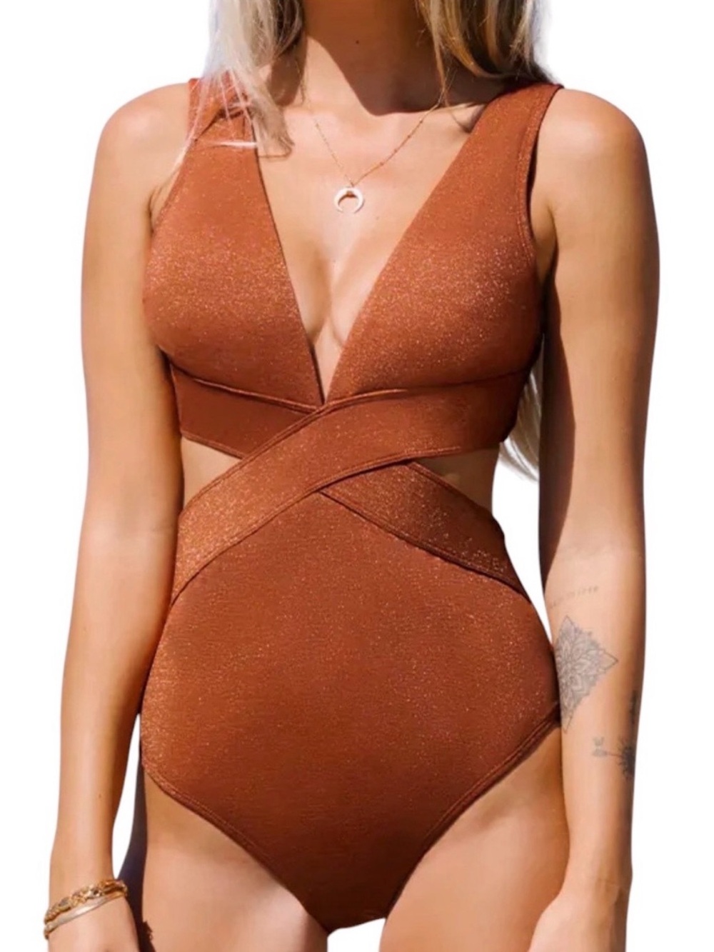 Cupshe Burnt Orange Sparkle Crisscross One-Piece Swimsuit Sz Small NWT